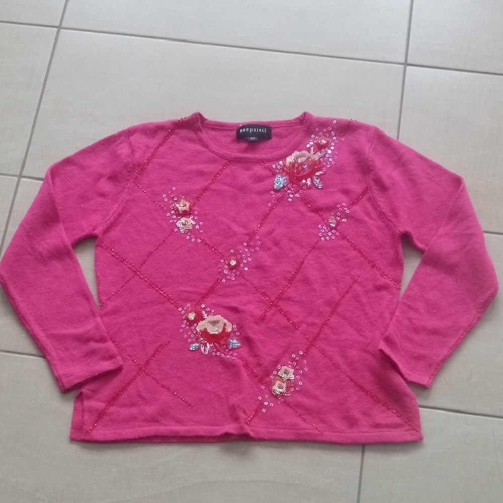 Vintage Pink Floral Sweater With Sequin Embroidery.
